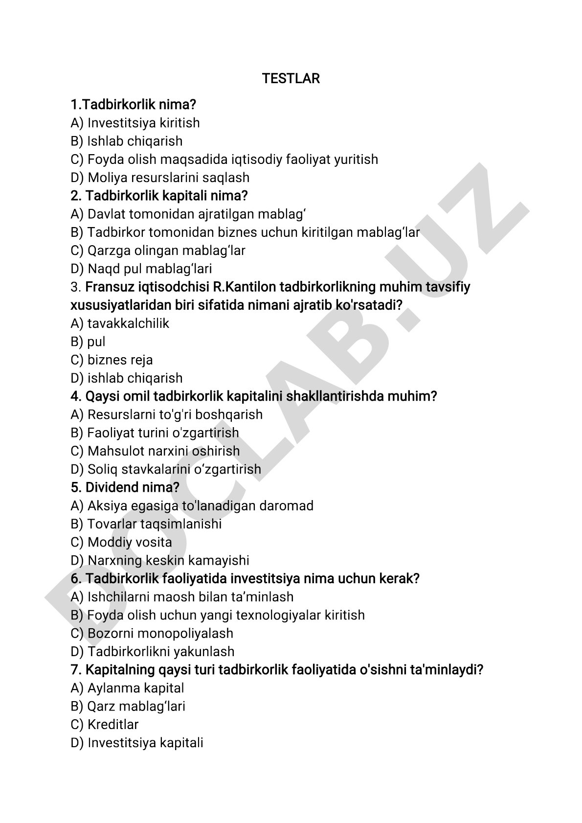 Tadbirkorlik bo'yicha test savollari