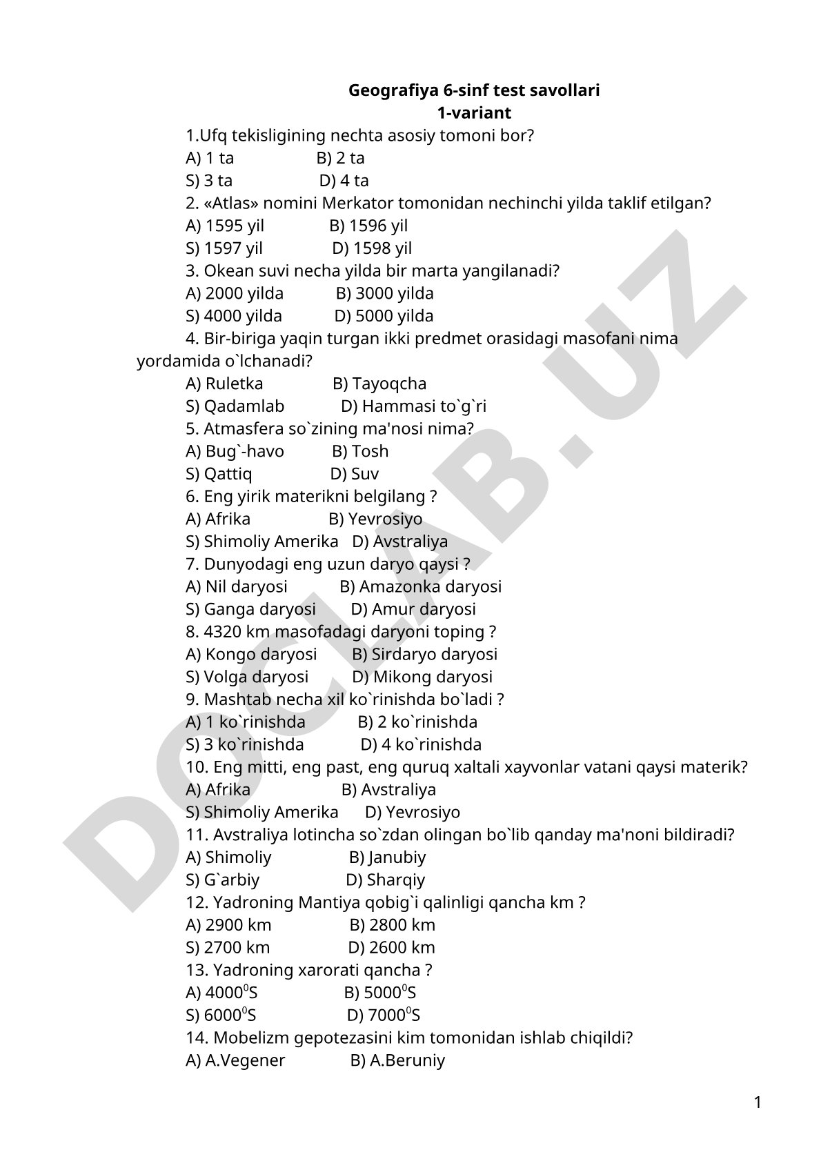Geografiya 6-sinf test savollari 1-variant