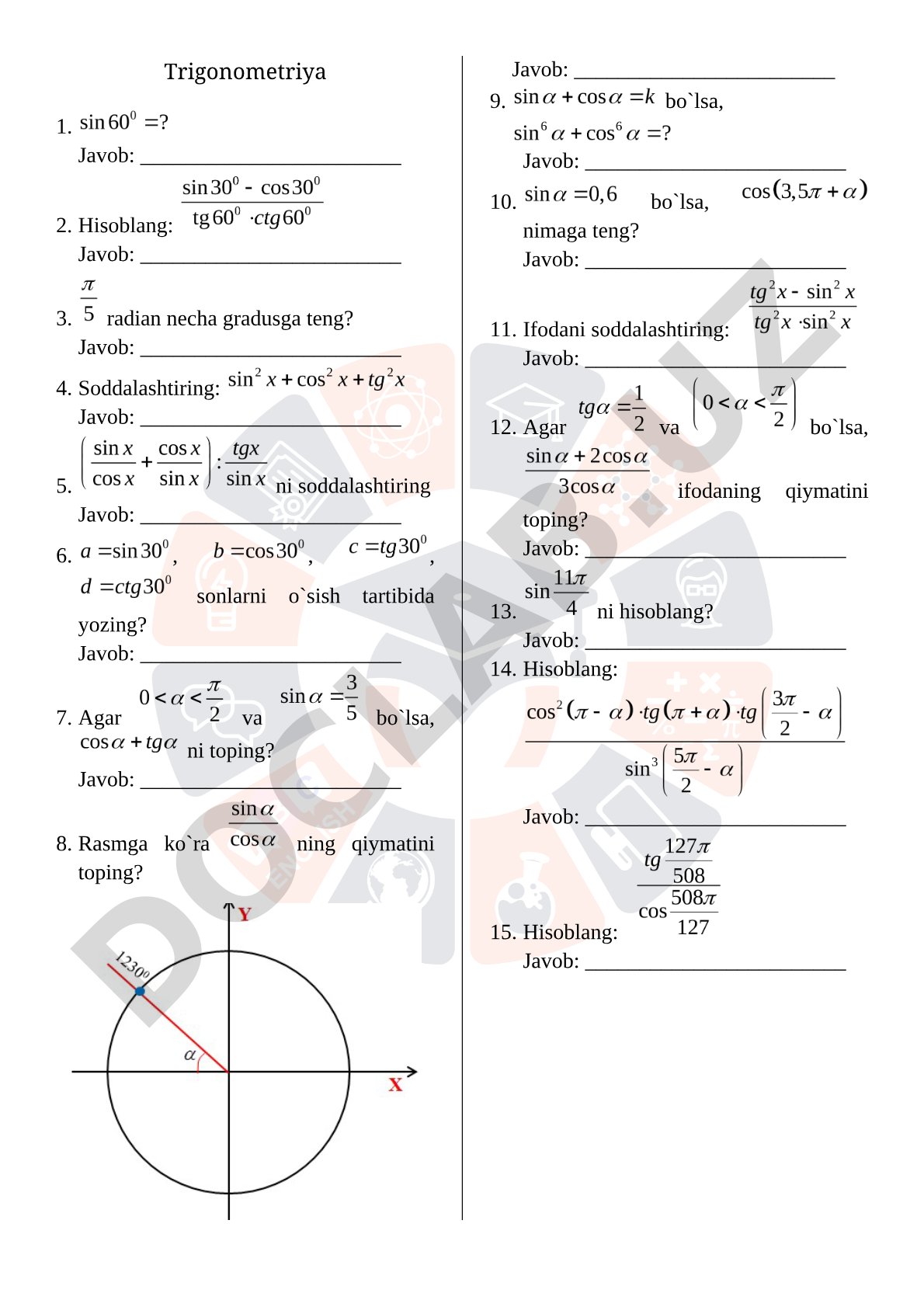 Trigonometriya bo'yicha test savollari