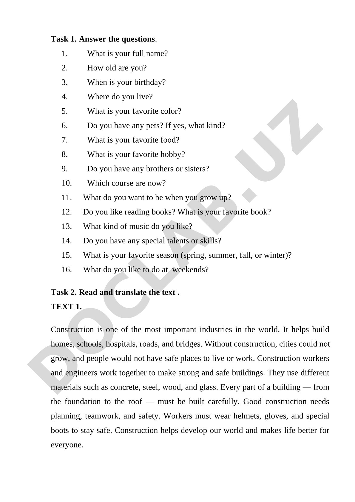 English tasks: personal questions and construction text