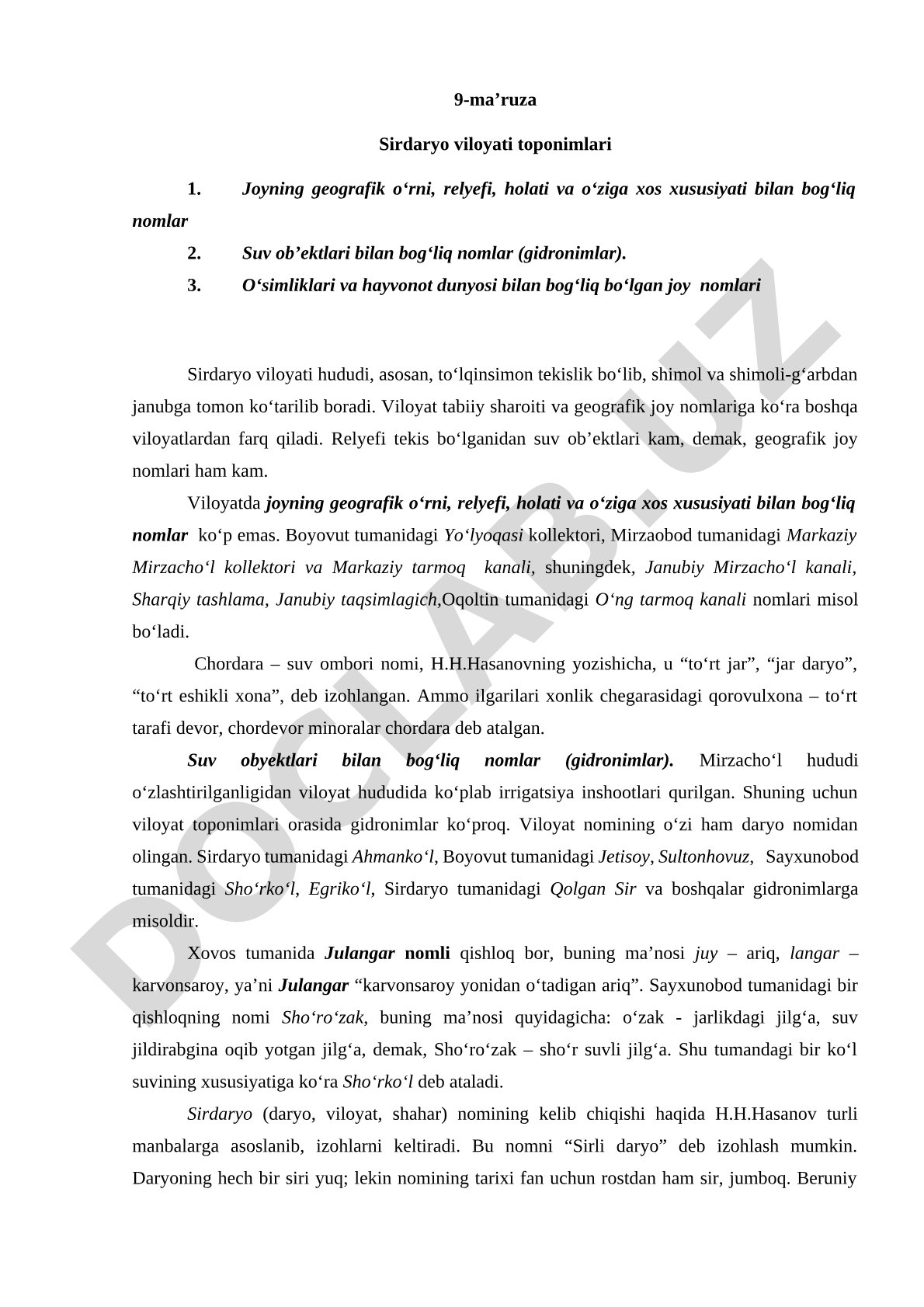 Sirdaryo viloyati joy nomlari relyef, suv, o‘simlik va hayvonot bilan bog‘liq holda