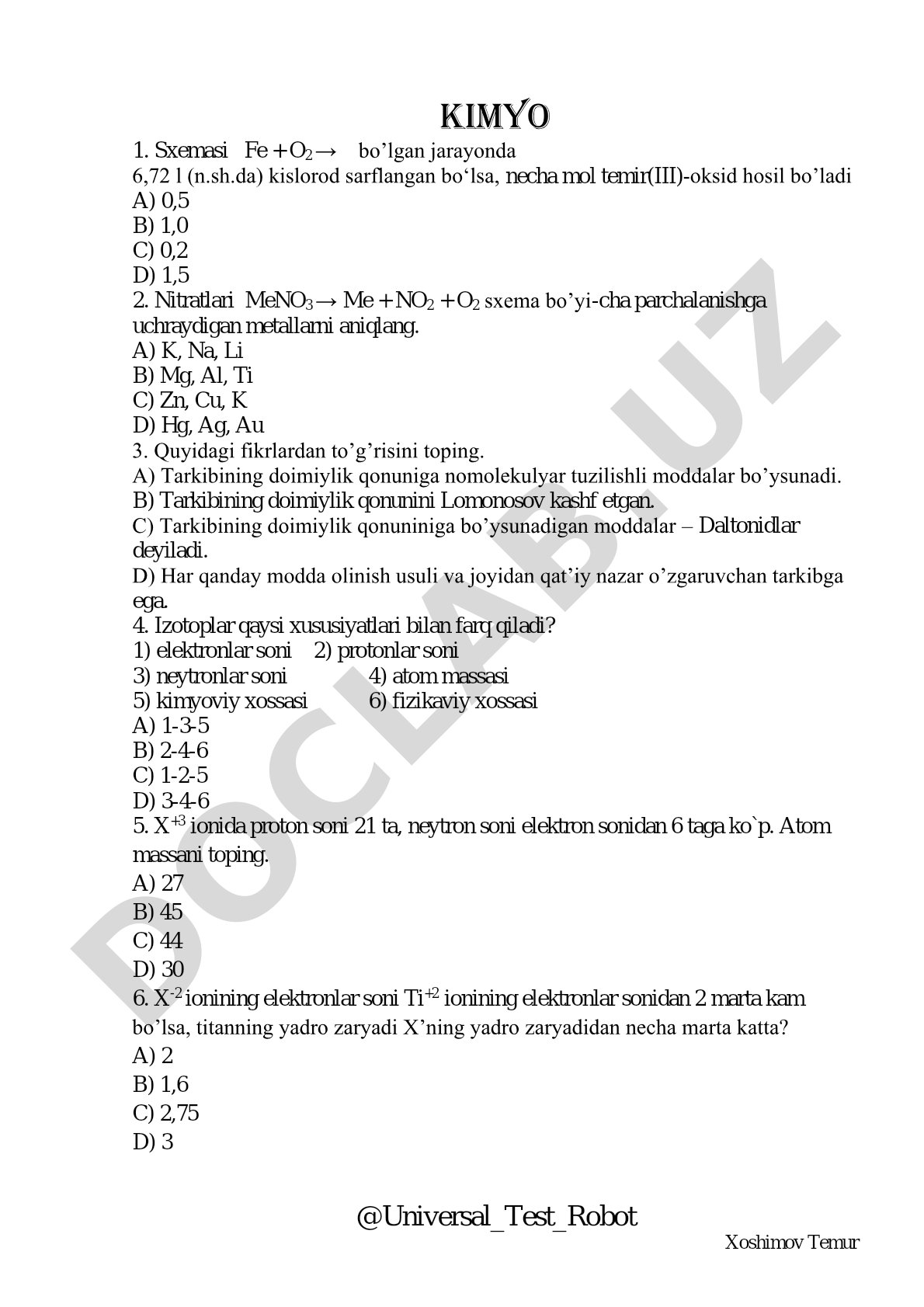 Kimyo fanidan test savollari
