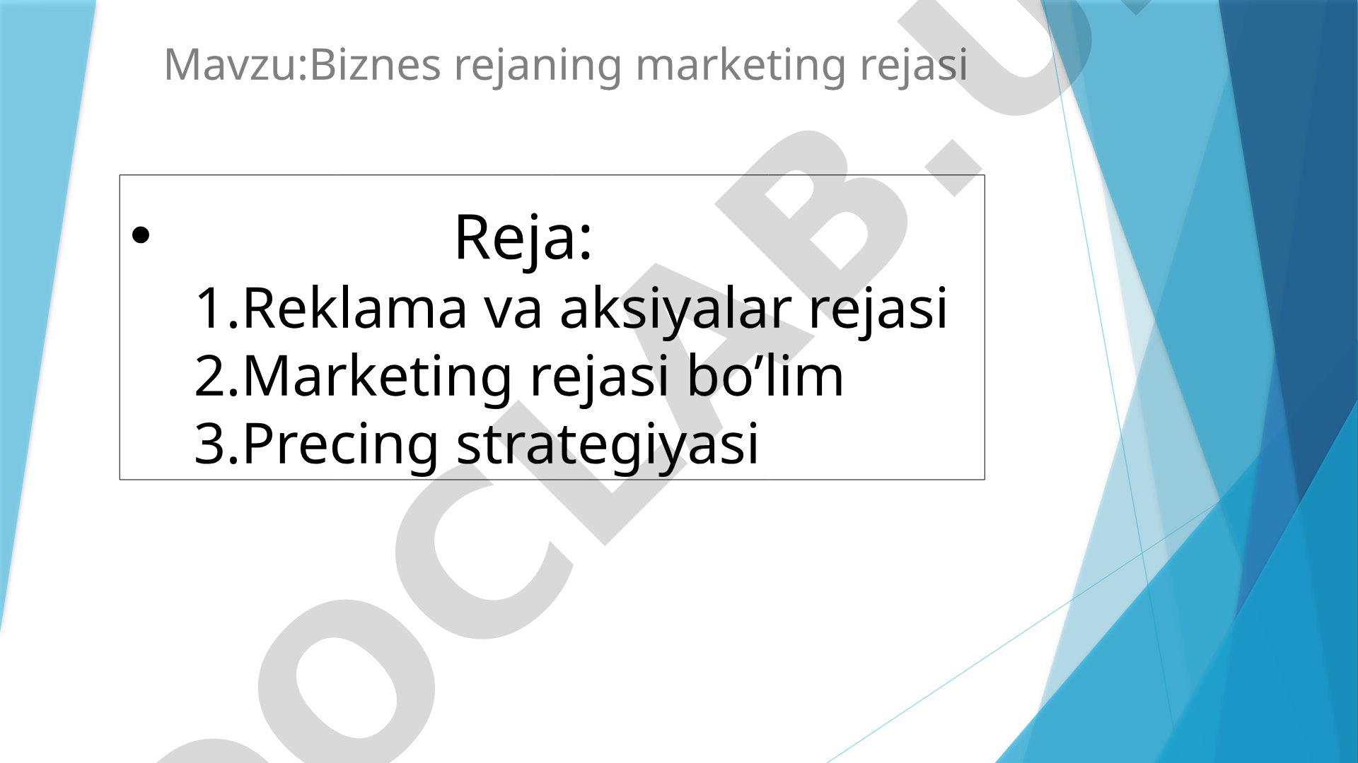 Biznes rejaning marketing rejasi