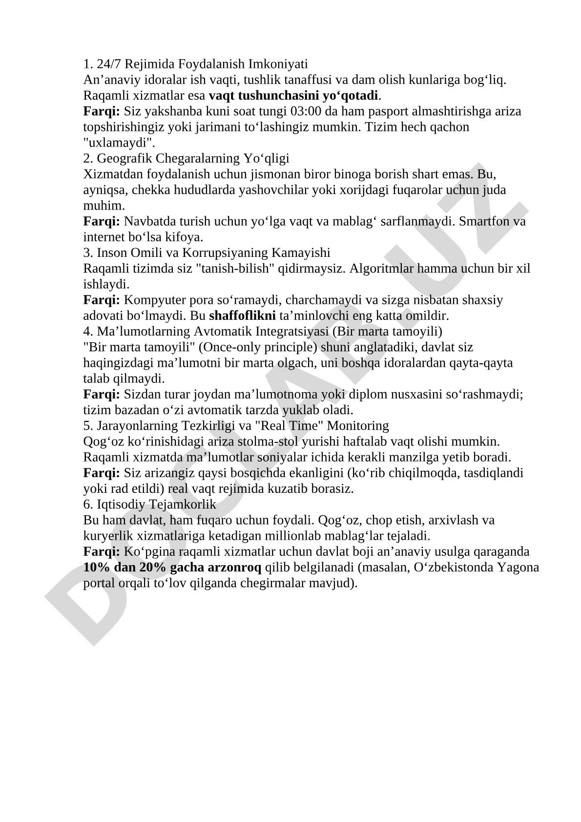 Raqamli xizmatlarning an'anaviy idoralardan farqlari