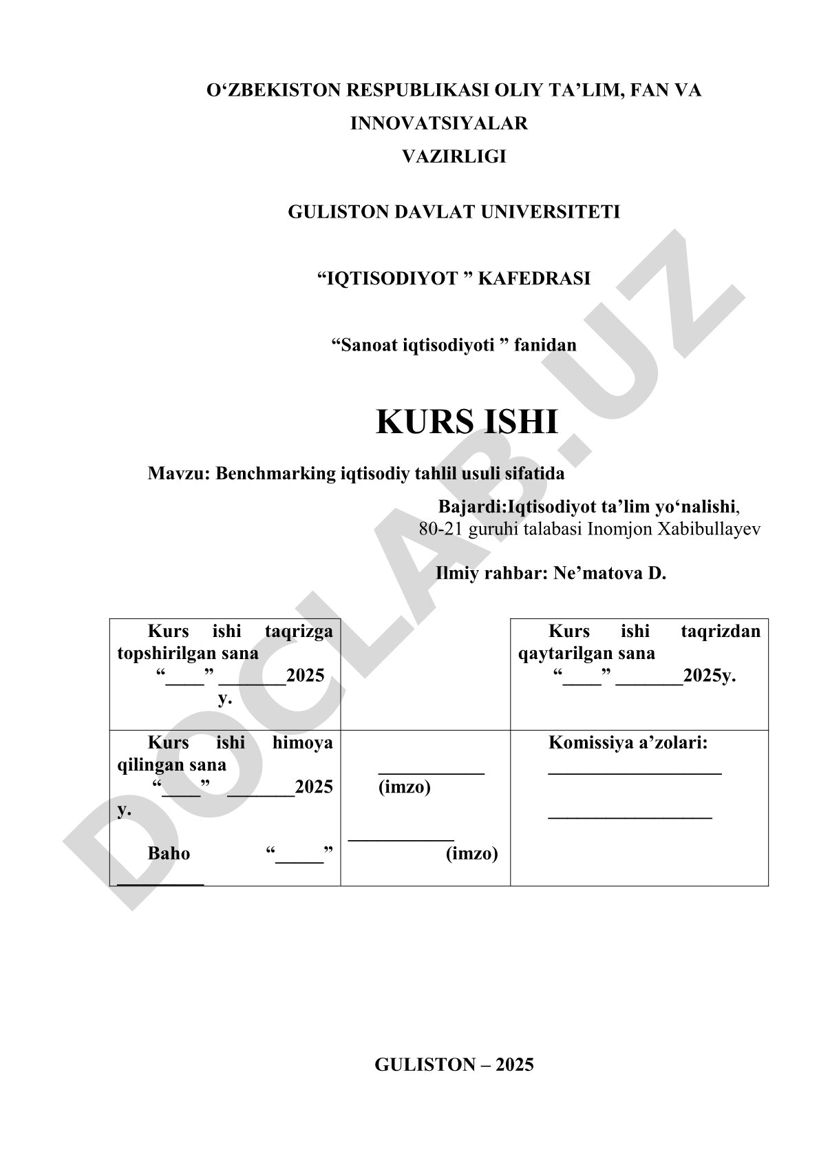 Benchmarking iqtisodiy tahlil usuli sifatida