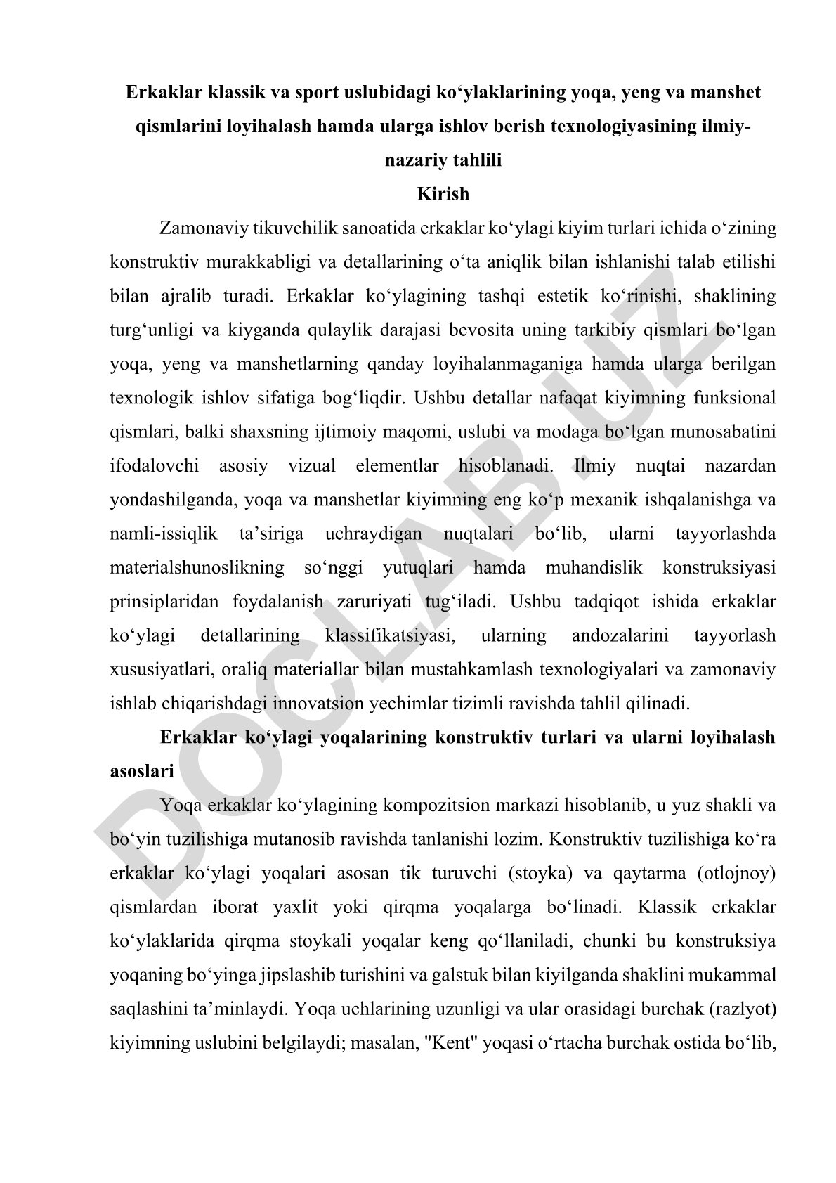 Erkaklar klassik va sport ko'ylaklarining yoqa, yeng va manshet qismlarini loyihalash va ishlov berish texnologiyasi