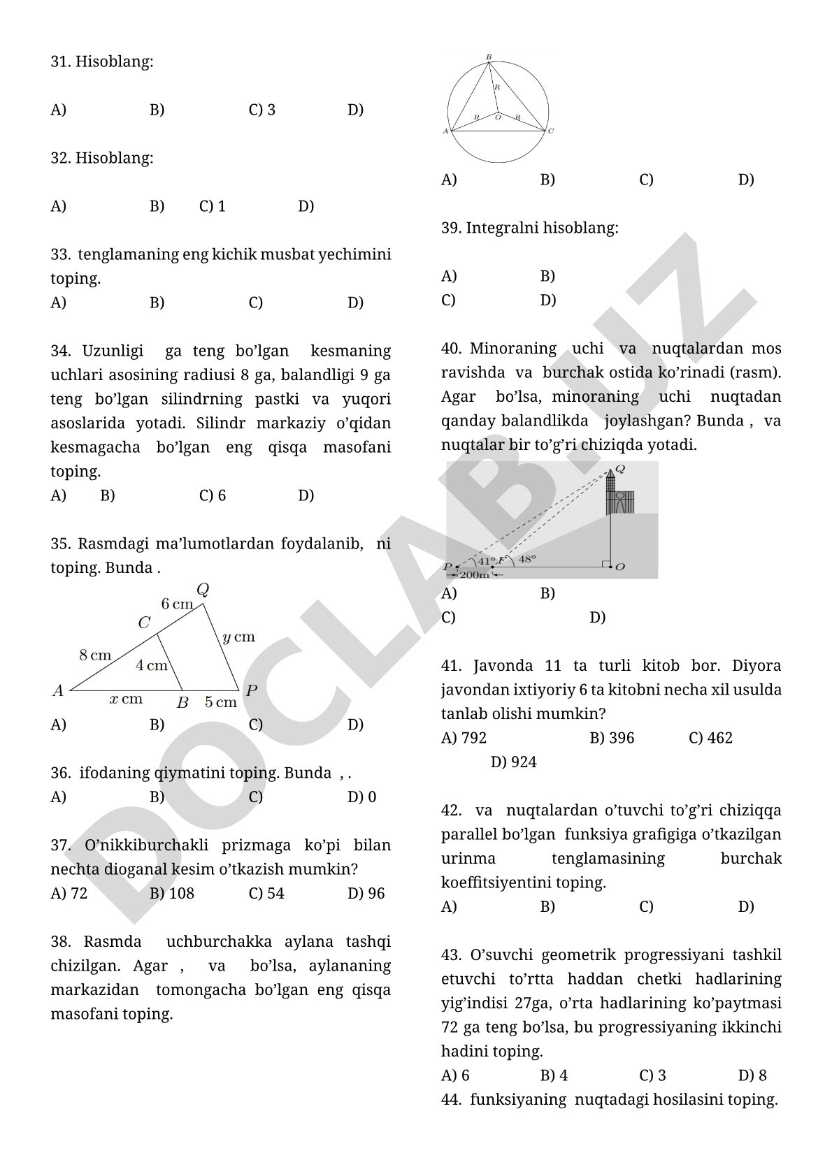 Matematika test savollari