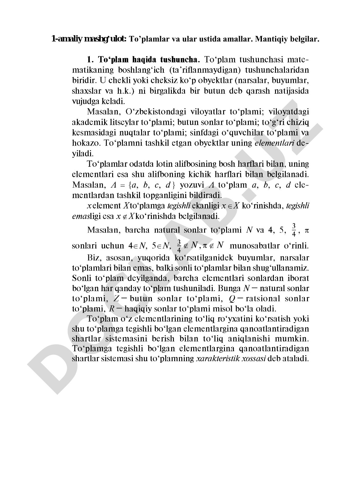 To'plamlar va ular ustida amallar. Mantiqiy belgilar