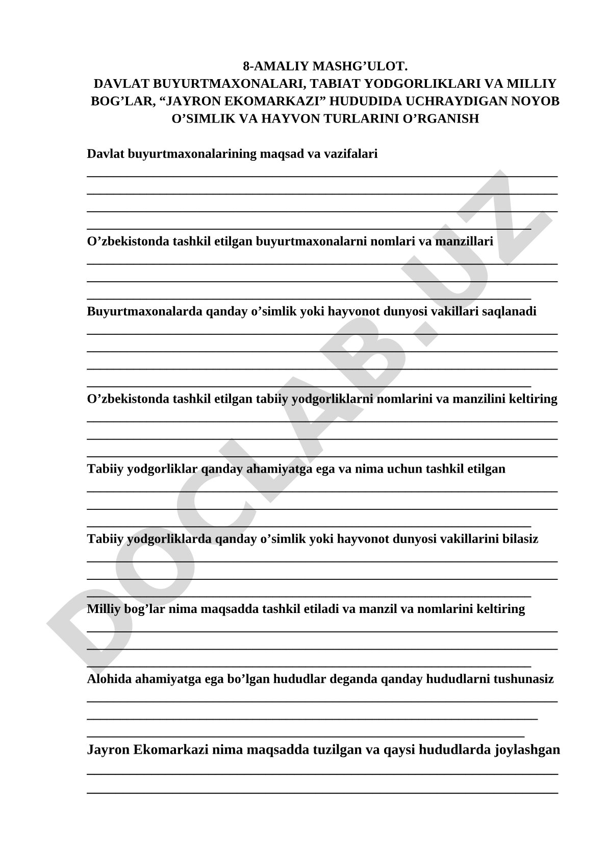 Davlat buyurtmaxonalari, tabiat yodgorliklari va milliy bog’lar, “Jayron ekomarkazi” hududida uchraydigan noyob o’simlik va hayvon turlarini o’rganish