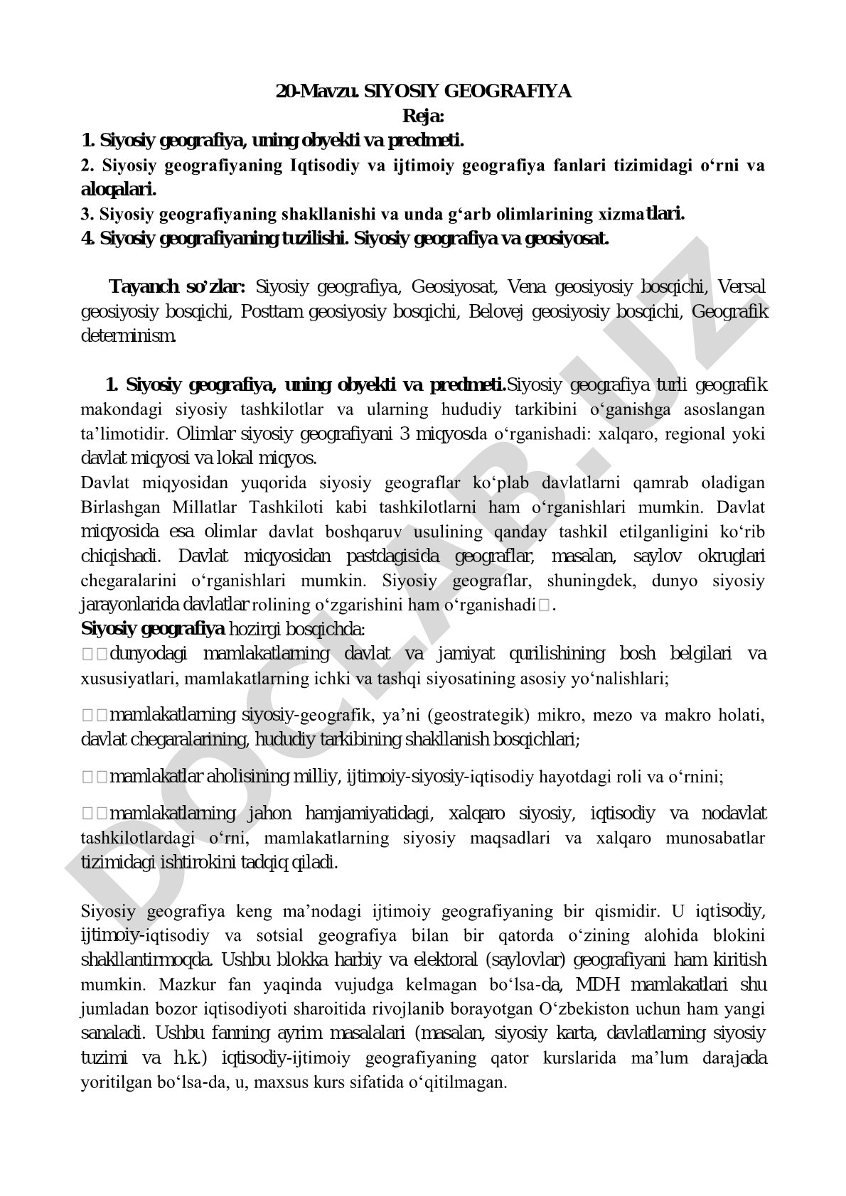 Siyosiy geografiyaning obyekti, predmeti, tuzilishi va geosiyosat bilan aloqasi