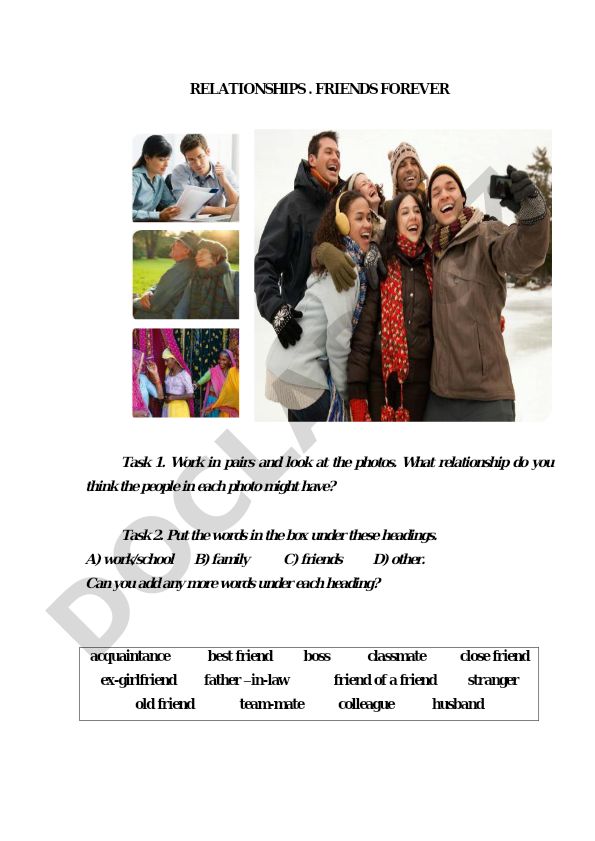 Relationships and friendship vocabulary exercises