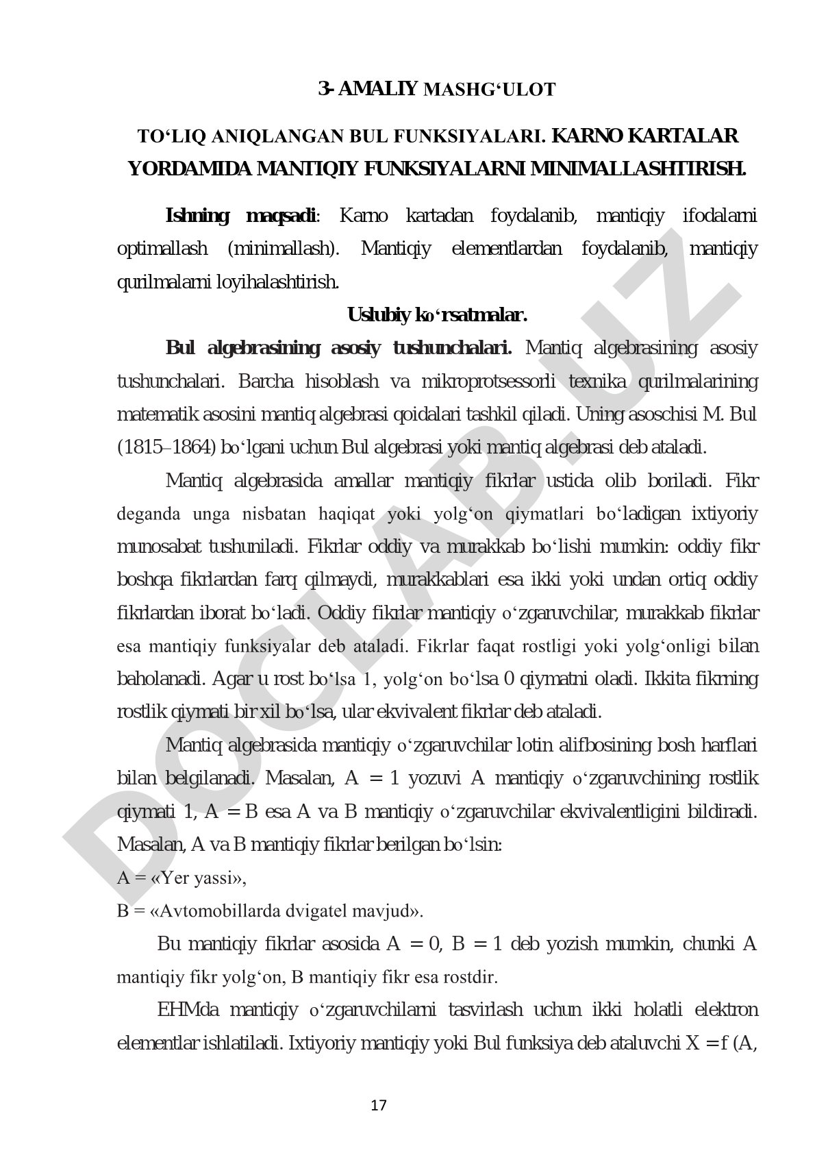 To'liq aniqlangan Bul funksiyalari. Karno kartalar yordamida mantiqiy funksiyalarni minimallashtirish
