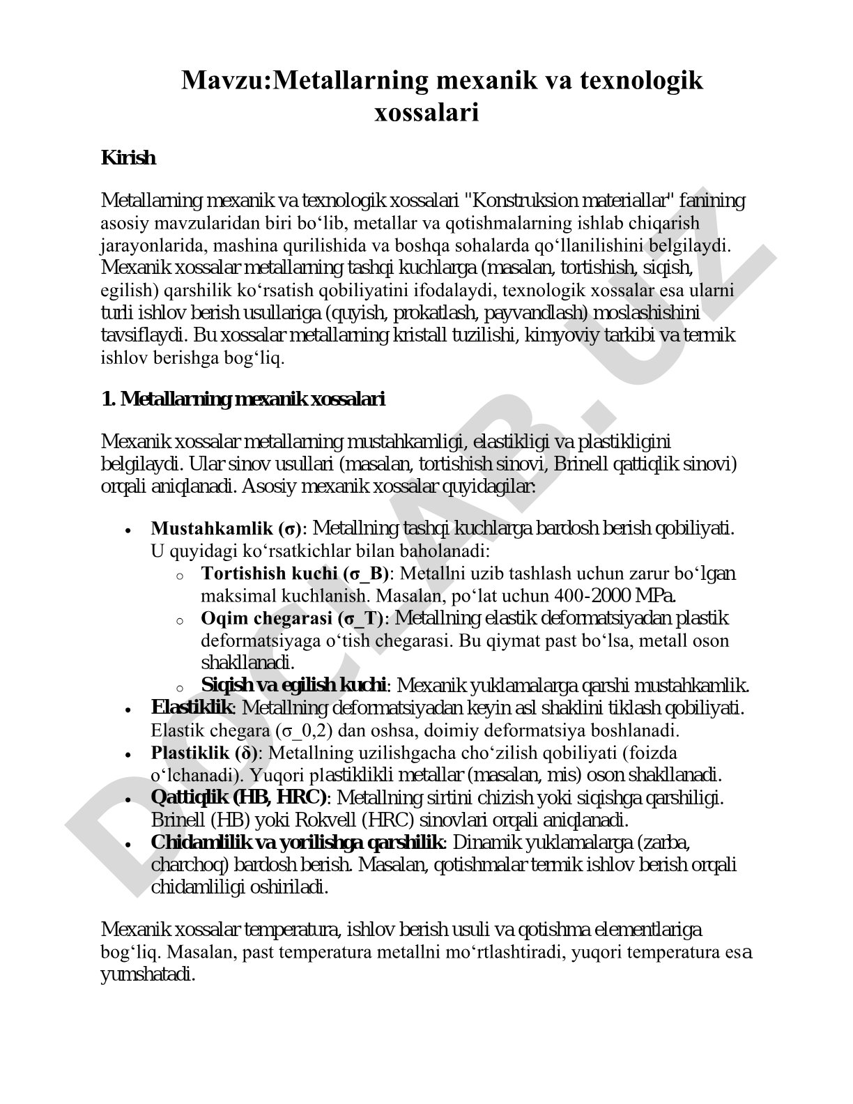 Metallarning mexanik va texnologik xossalari