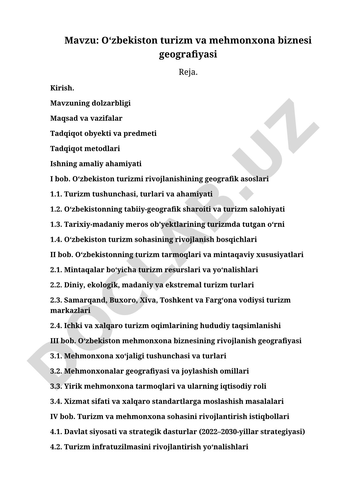 O‘zbekiston turizm va mehmonxona biznesi geografiyasi