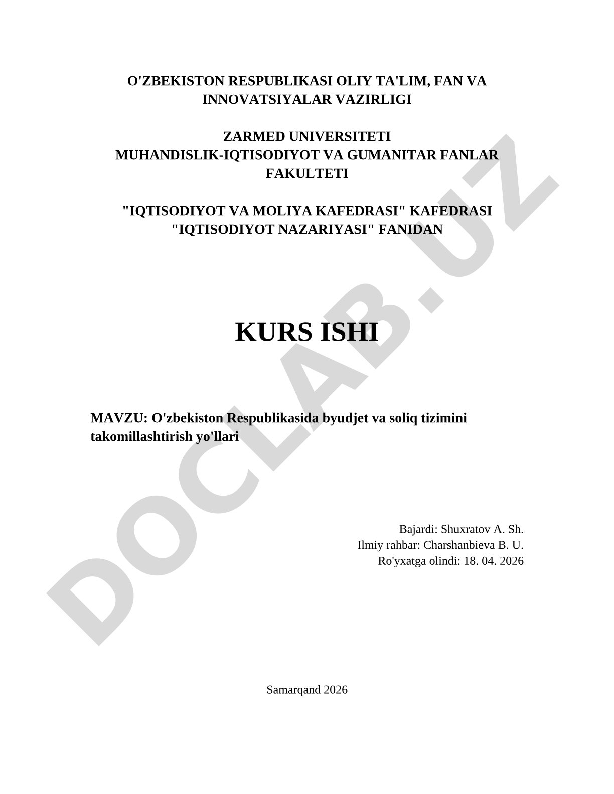 O'zbekiston Respublikasida byudjet va soliq tizimini takomillashtirish yo'llari