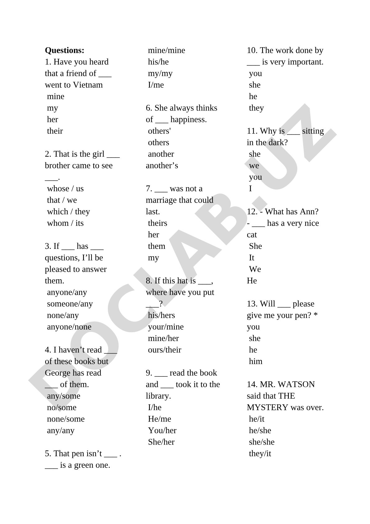 English pronouns multiple choice questions