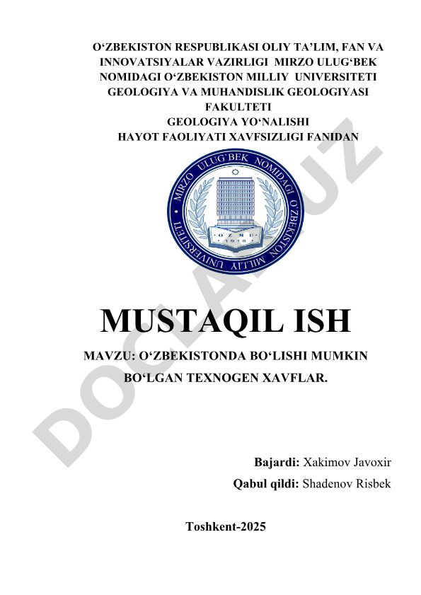 O'zbekistonda bo'lishi mumkin bo'lgan texnogen xavflar