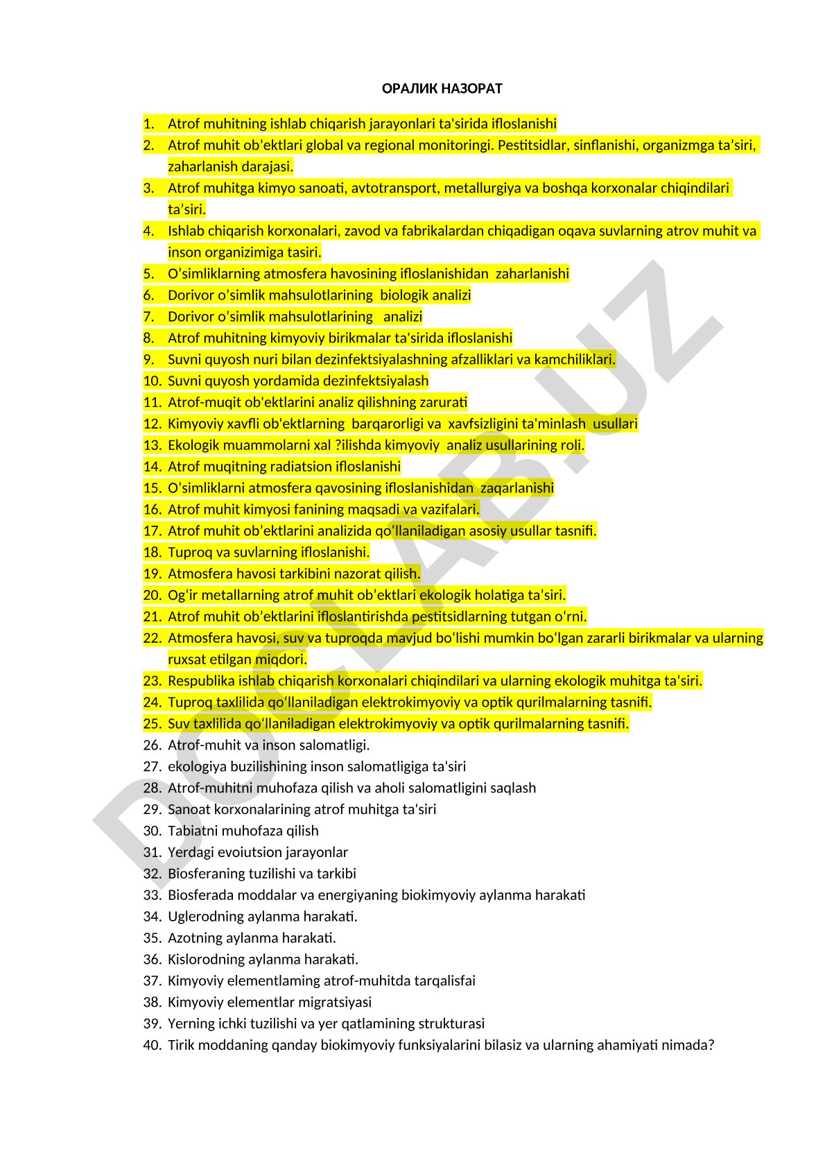 Atrof muhitning ishlab chiqarish jarayonlari ta'sirida ifloslanishi va monitoringi