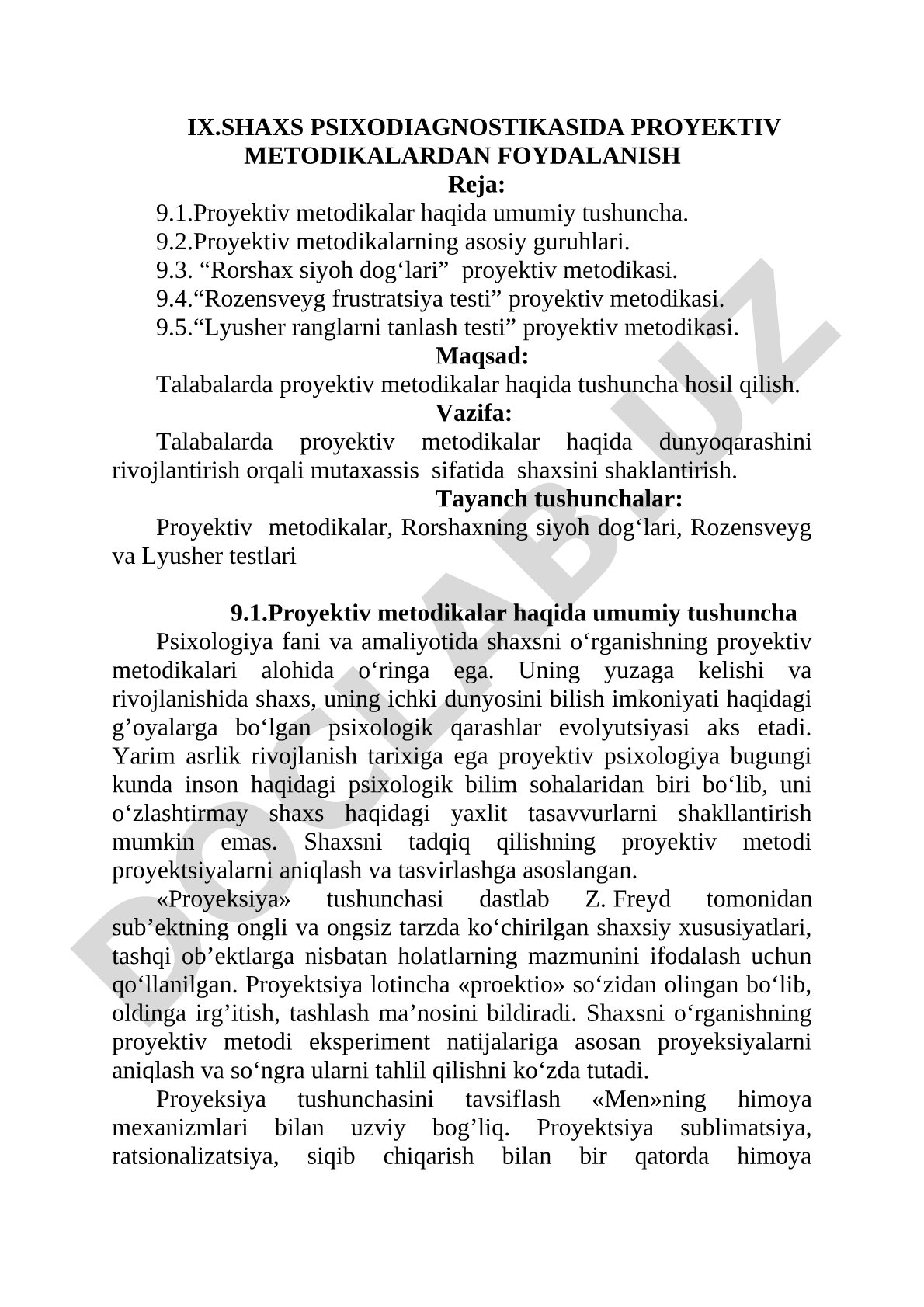 Shaxs psixodiagnostikasida proyektiv metodikalardan foydalanish