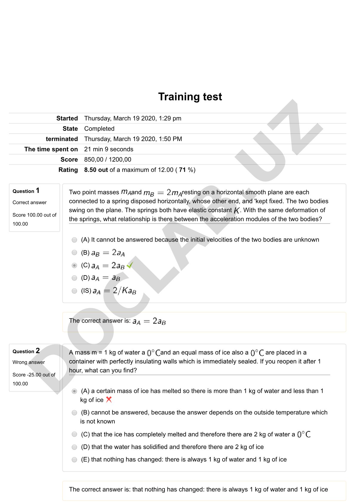 Physics exam questions on spring oscillations and ice melting
