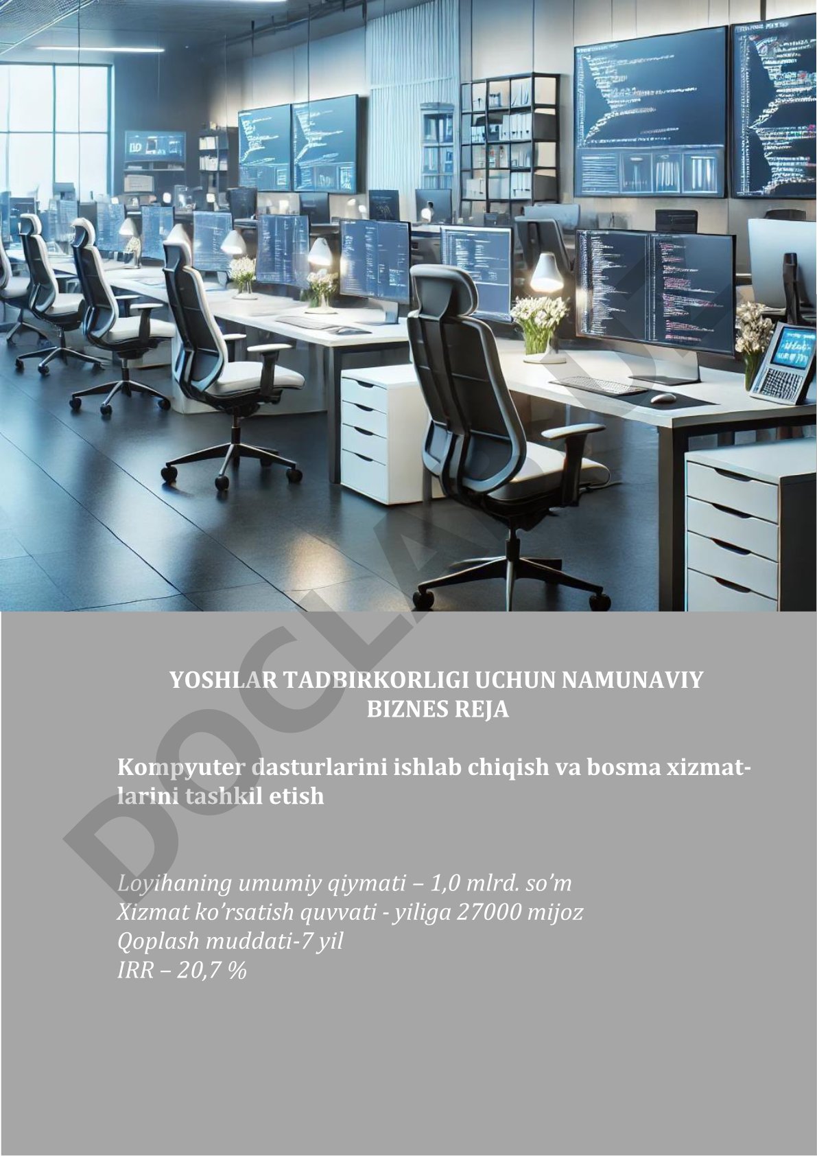 Kompyuter dasturlarini ishlab chiqish va bosma xizmatlarini tashkil etish biznes rejasi