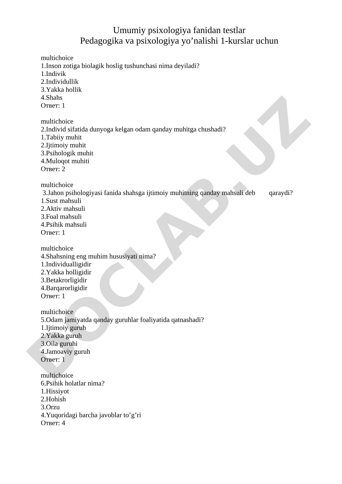 Umumiy psixologiya fanidan testlar
