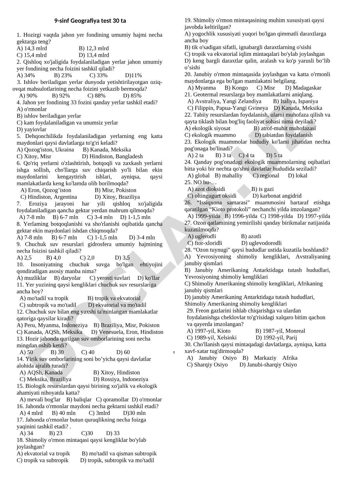 9-sinf Geografiya fanidan jahon yer fondi testi