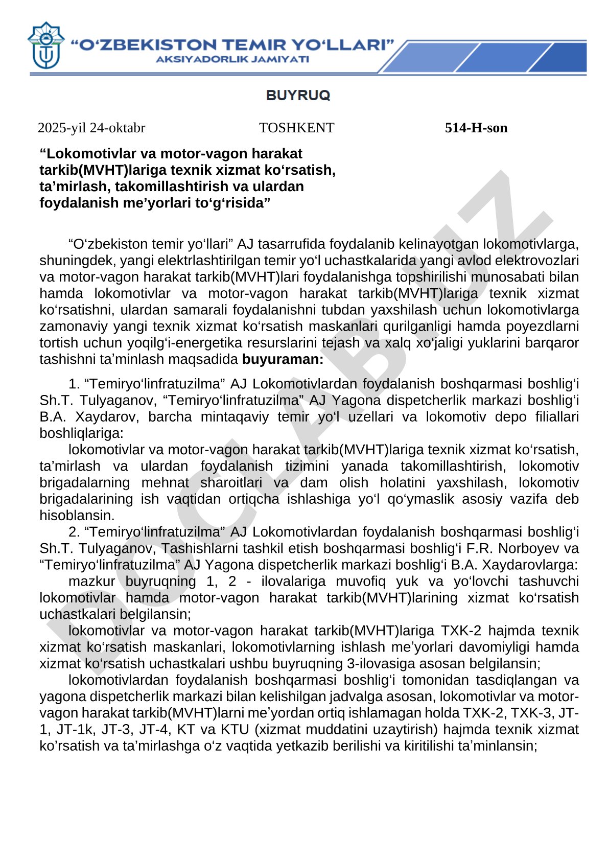 Lokomotivlar va motor-vagon harakat tarkib(MVHT)lariga texnik xizmat ko‘rsatish, ta’mirlash, takomillashtirish va ulardan foydalanish me’yorlari to‘g‘risida