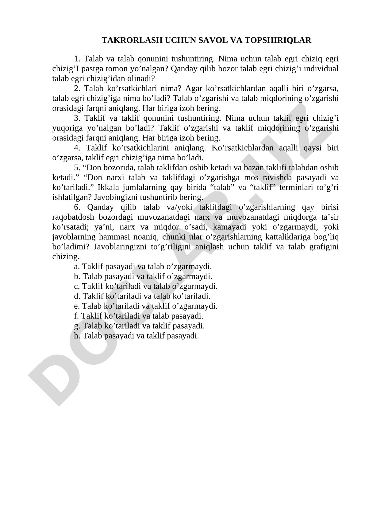 Talab va taklif qonunlari bo'yicha savol va topshiriqlar