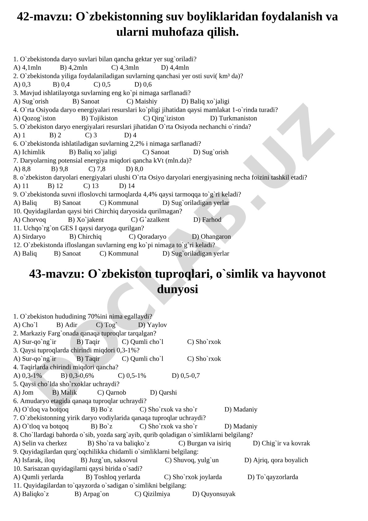 O`zbekistonning suv boyliklaridan foydalanish va ularni muhofaza qilish