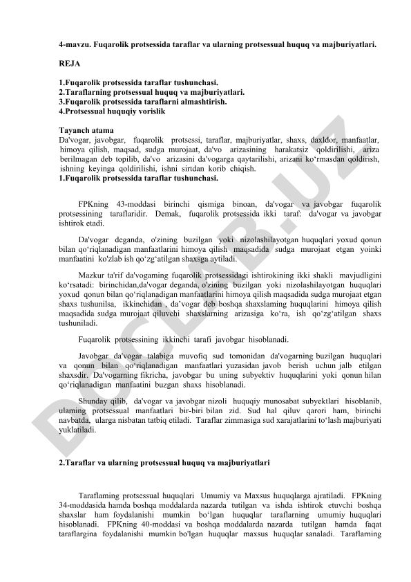 Fuqarolik protsessida taraflar va ularning protsessual huquq va majburiyatlari