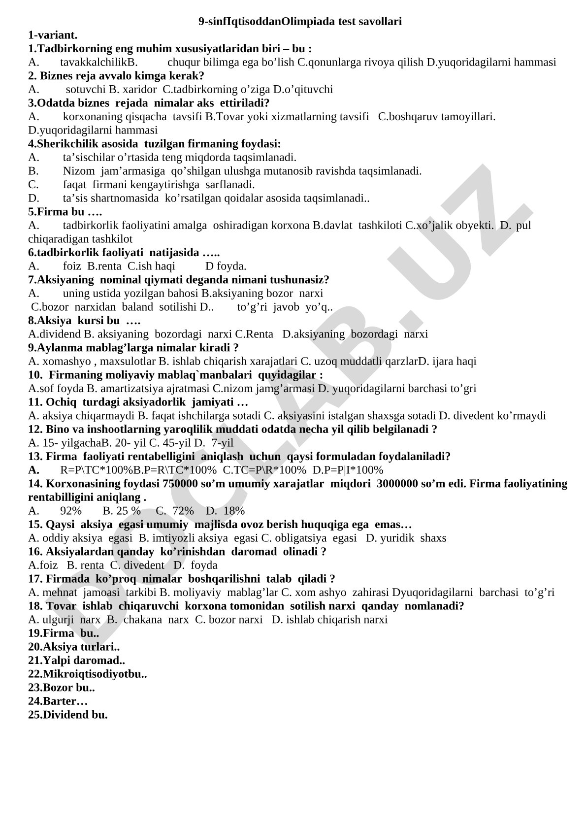 9-sinf Iqtisoddan Olimpiada test savollari 1-variant