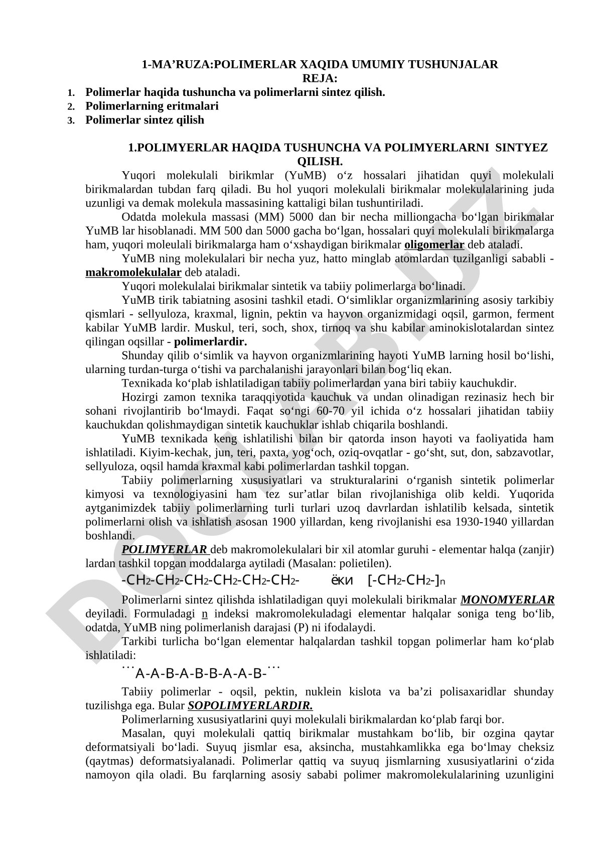 Polimerlar xaqida umumiy tushunchalar