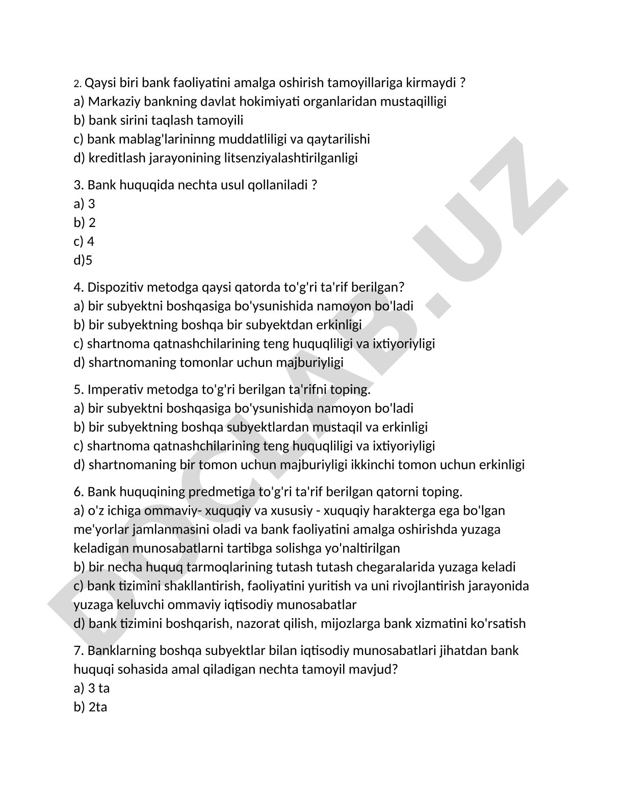 Bank huquqi fanidan test savollari