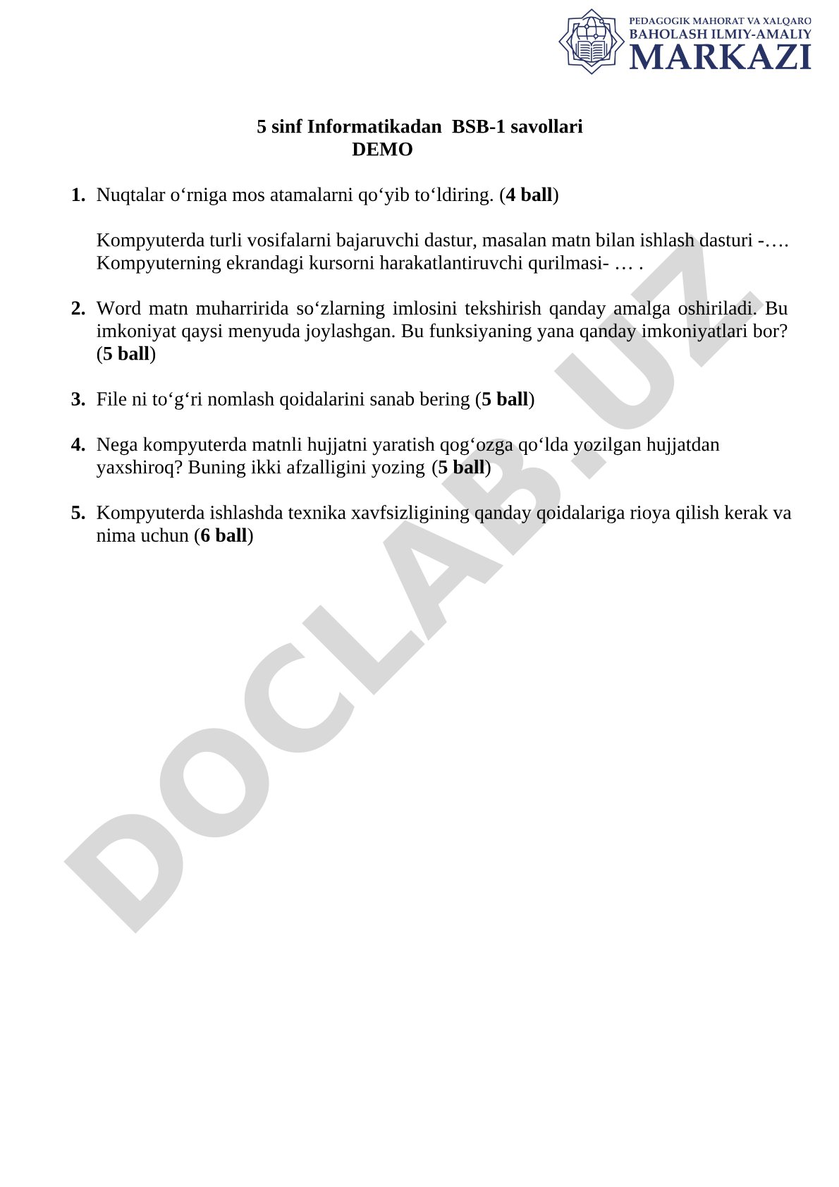 5-sinf informatika BSB-1 savollari