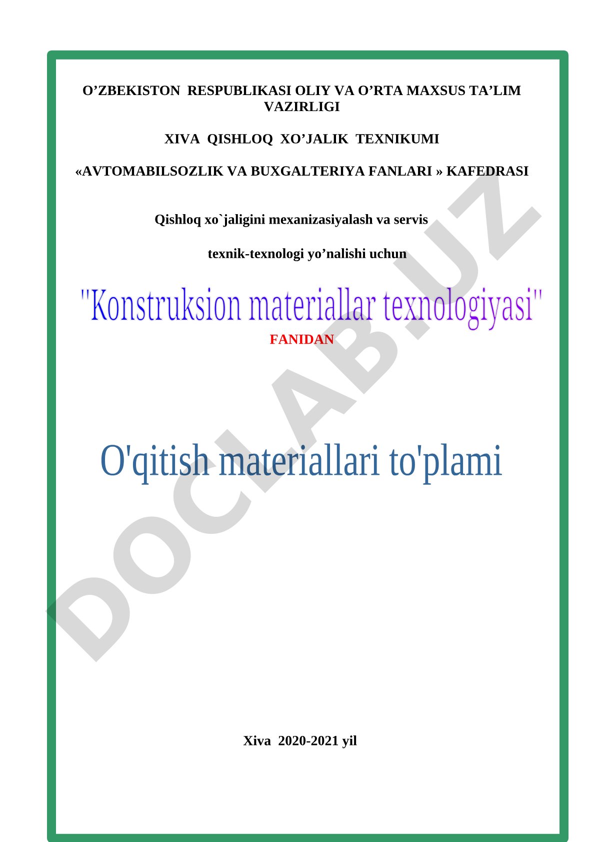 Qishloq xo'jaligini mexanizasiyalash va servis fani o'quv-uslubiy to'plami