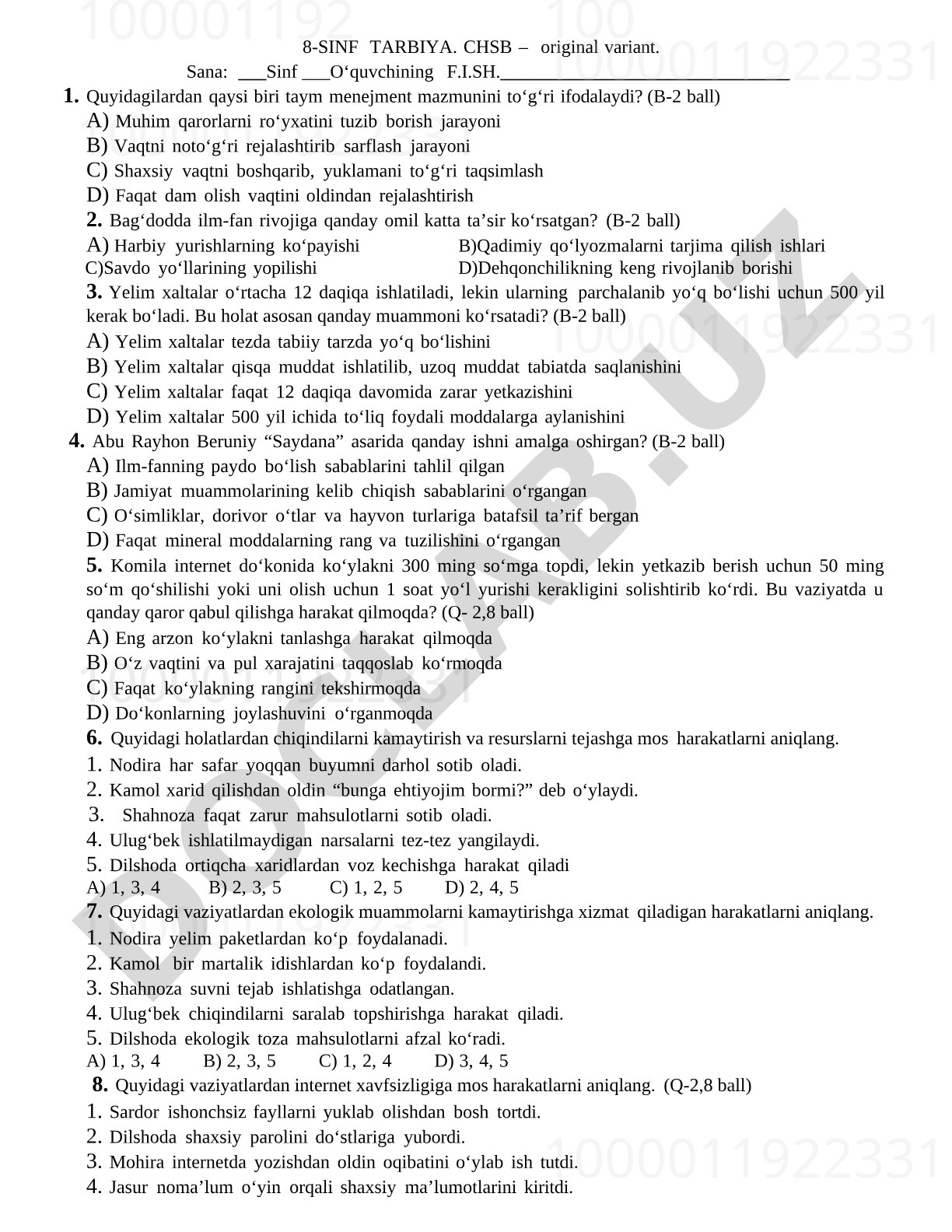 8-sinf Tarbiya fanidan CHSB test savollari