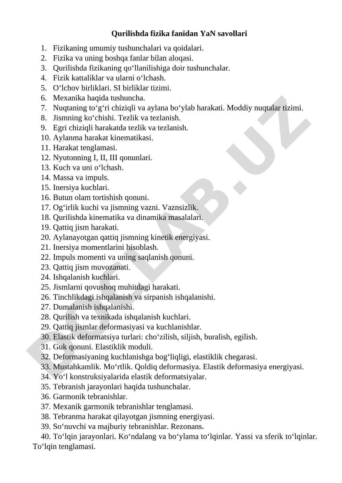 Qurilishda fizika fanidan yakuniy nazorat savollari