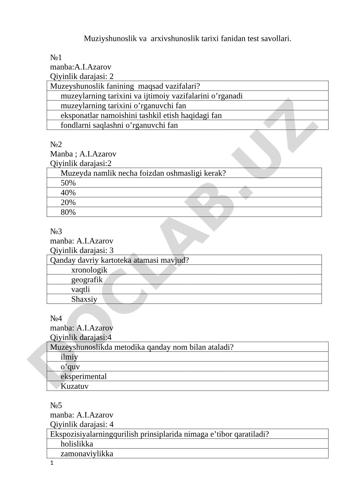 Muzeyshunoslik va arxivshunoslik tarixi fanidan test savollari