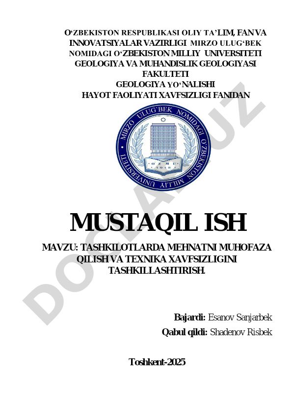 Tashkilotlarda mehnatni muhofaza qilish va texnika xavfsizligini tashkillashtirish