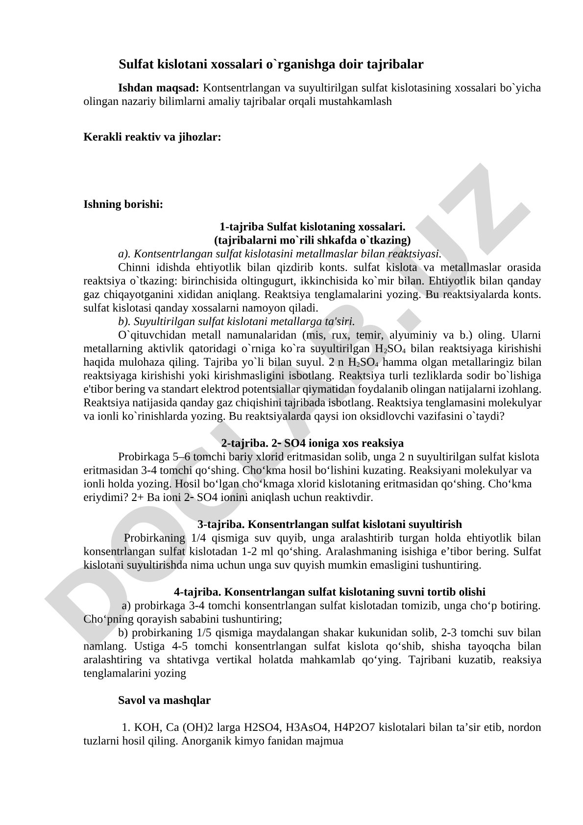 Sulfat kislotaning xossalari
