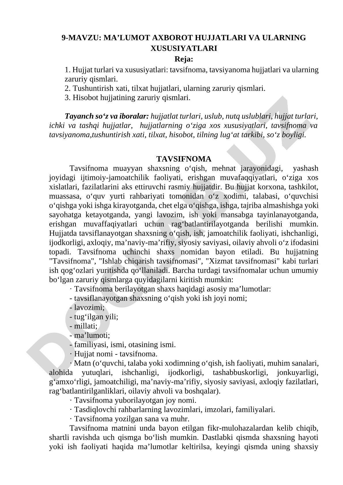 Ma'lumot axborot hujjatlari va ularning xususiyatlari