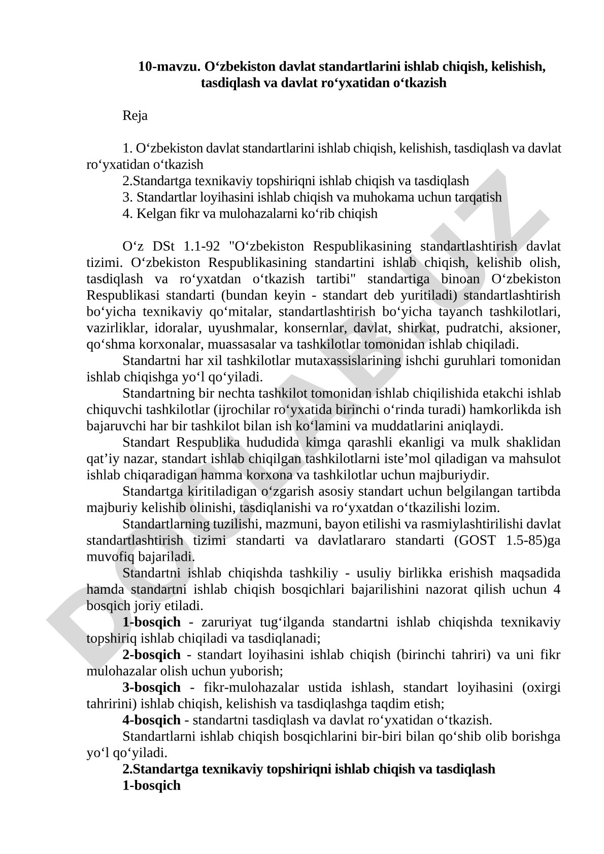 10-mavzu. O‘zbekiston davlat standartlarini ishlab chiqish, kelishish, tasdiqlash va davlat ro‘yxatidan o‘tkazish