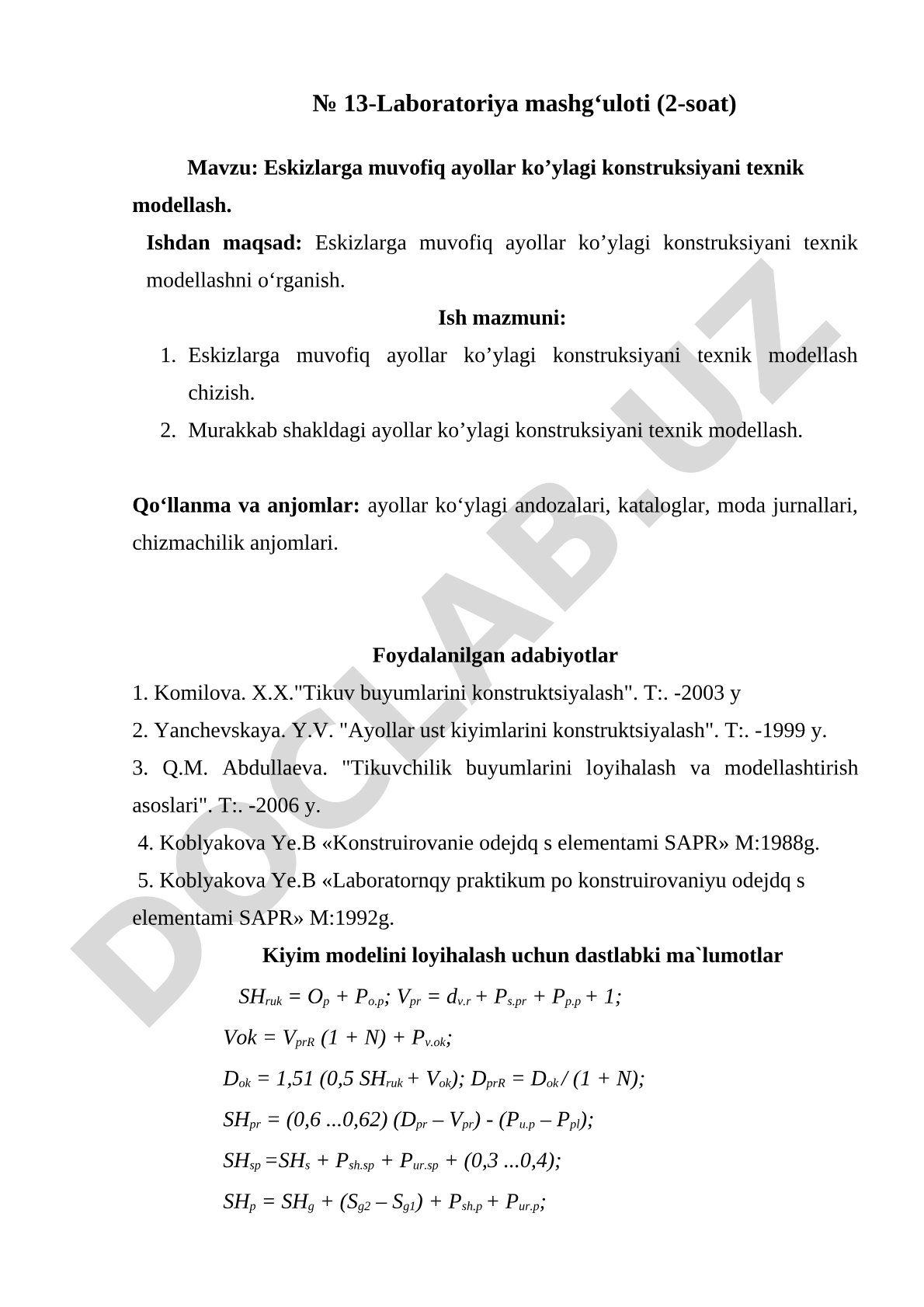 Eskizlarga muvofiq ayollar ko'ylagi konstruksiyani texnik modellash