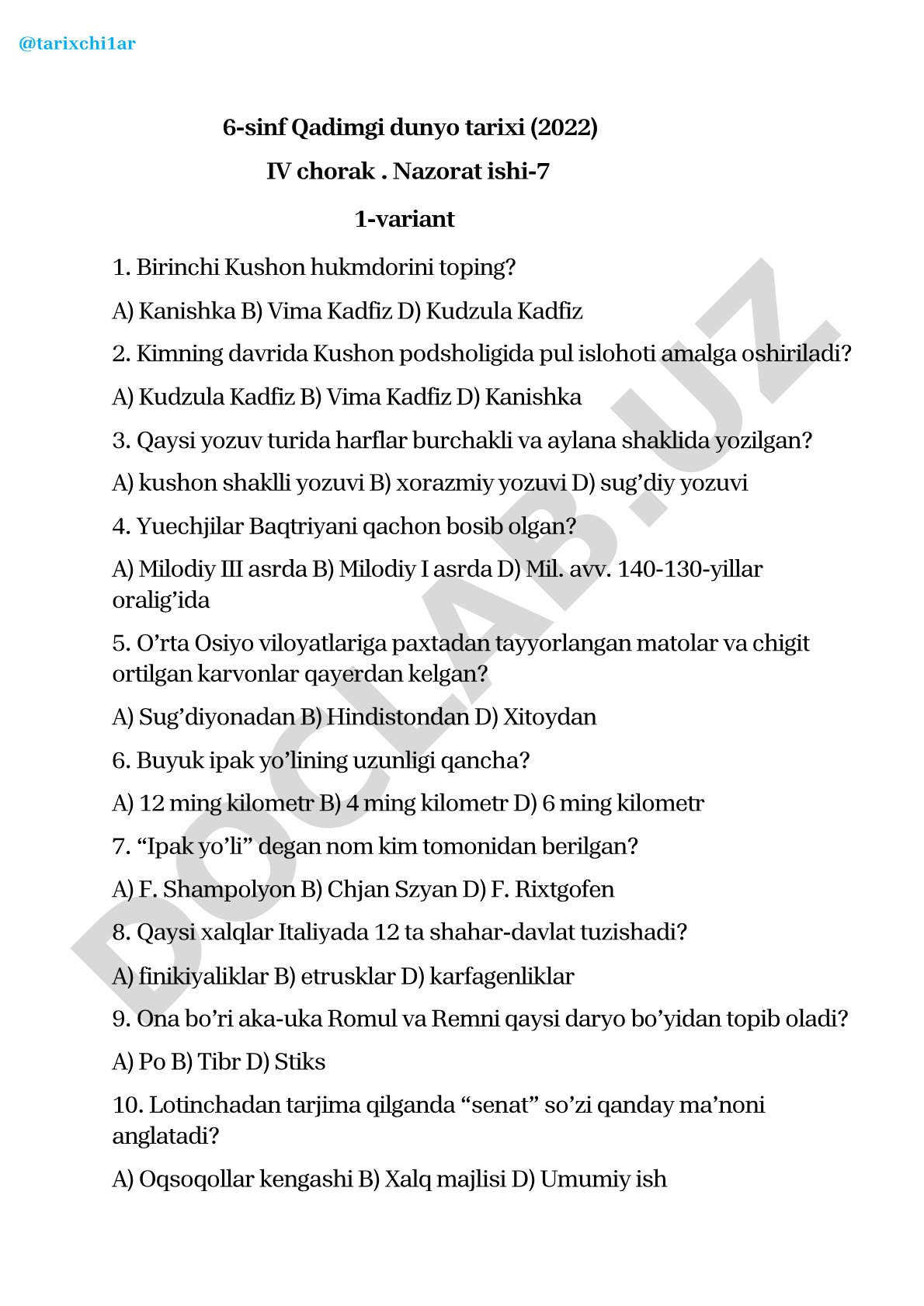 Qadimgi dunyo tarixi 6-sinf IV chorak nazorat ishi