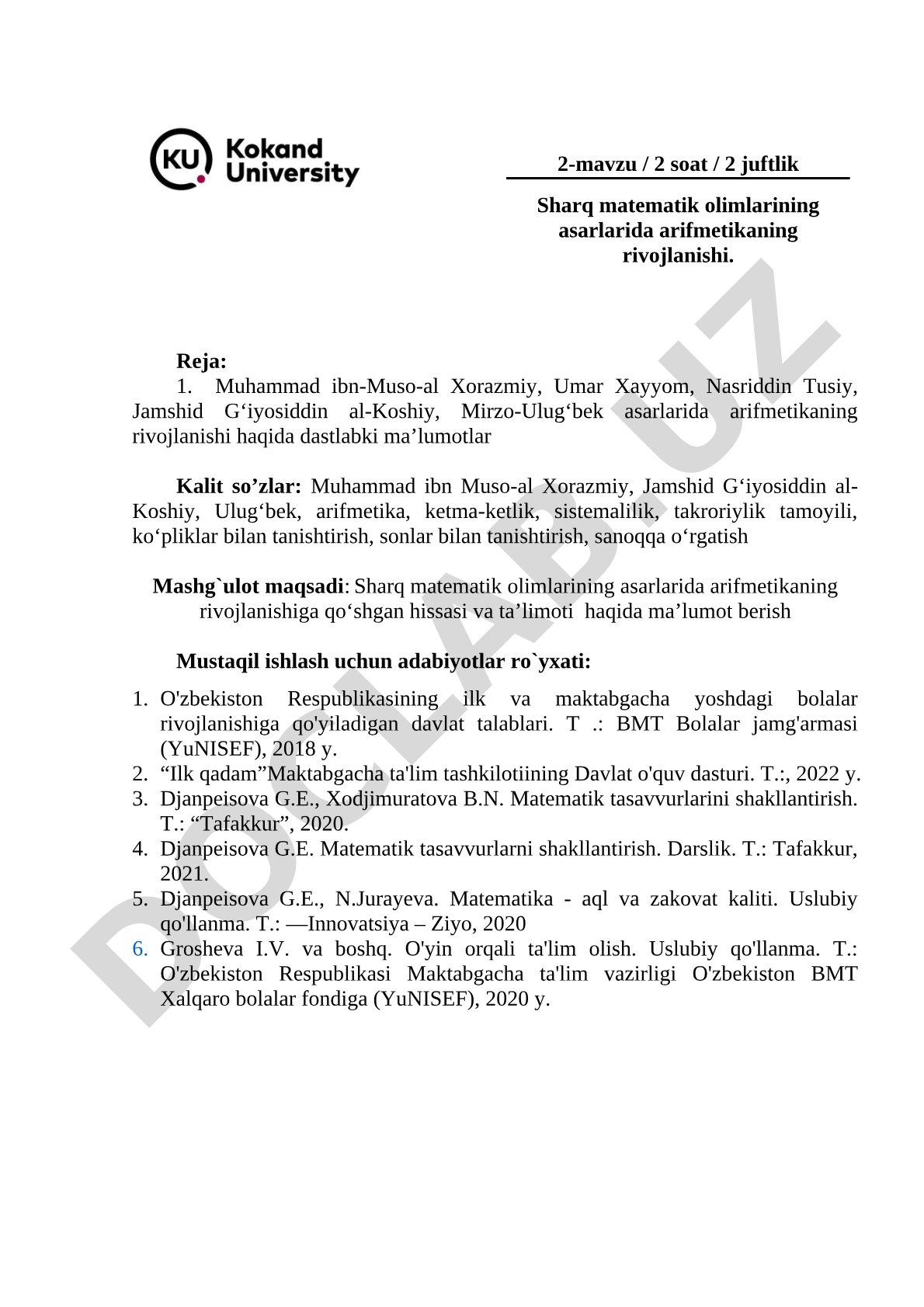 Sharq matematik olimlarining asarlarida arifmetikaning rivojlanishi