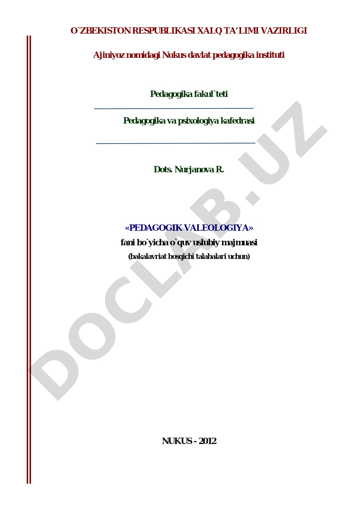 Pedagogik valeologiya fani bo'yicha o'quv uslubiy majmuasi