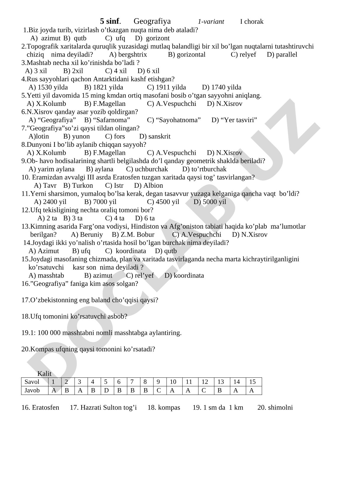 5 sinf. Geografiya 1-variant I chorak