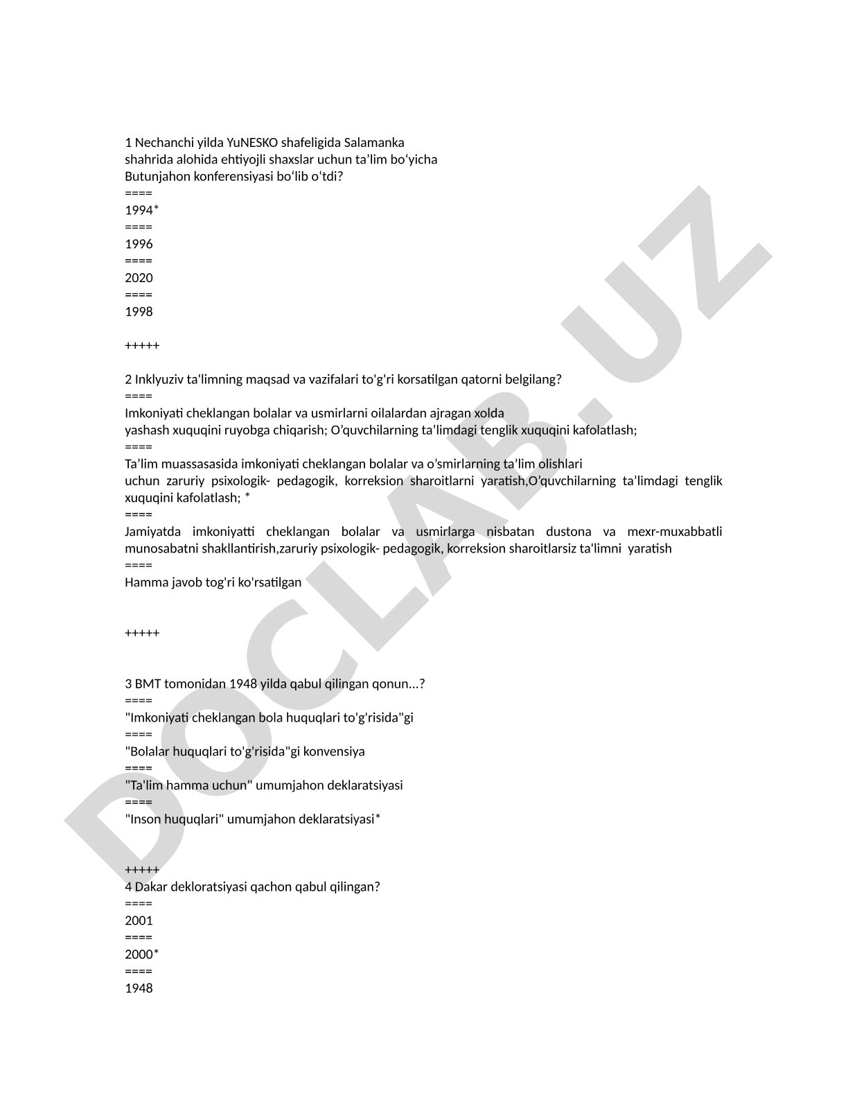 Inklyuziv ta'lim bo'yicha test savollari