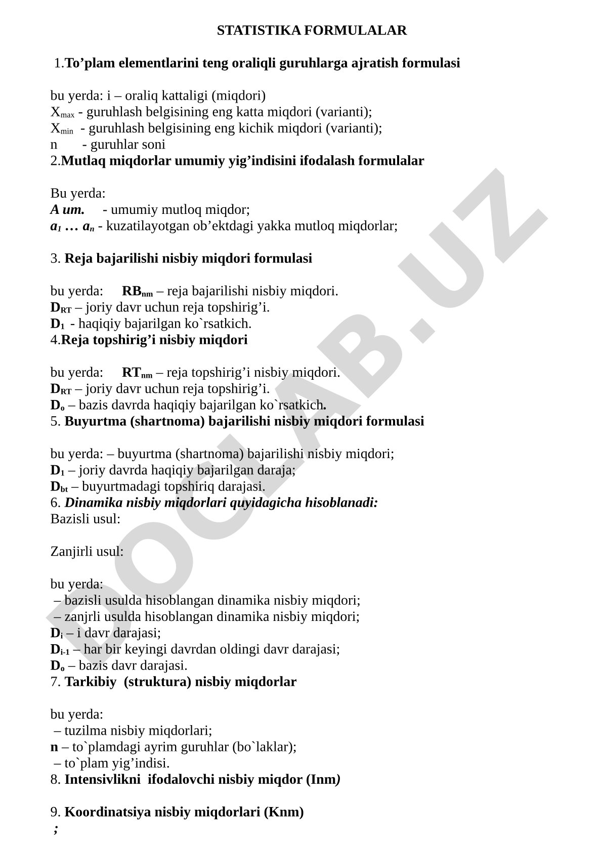 Statistikada guruhlash, mutlaq va nisbiy miqdorlar formulalari